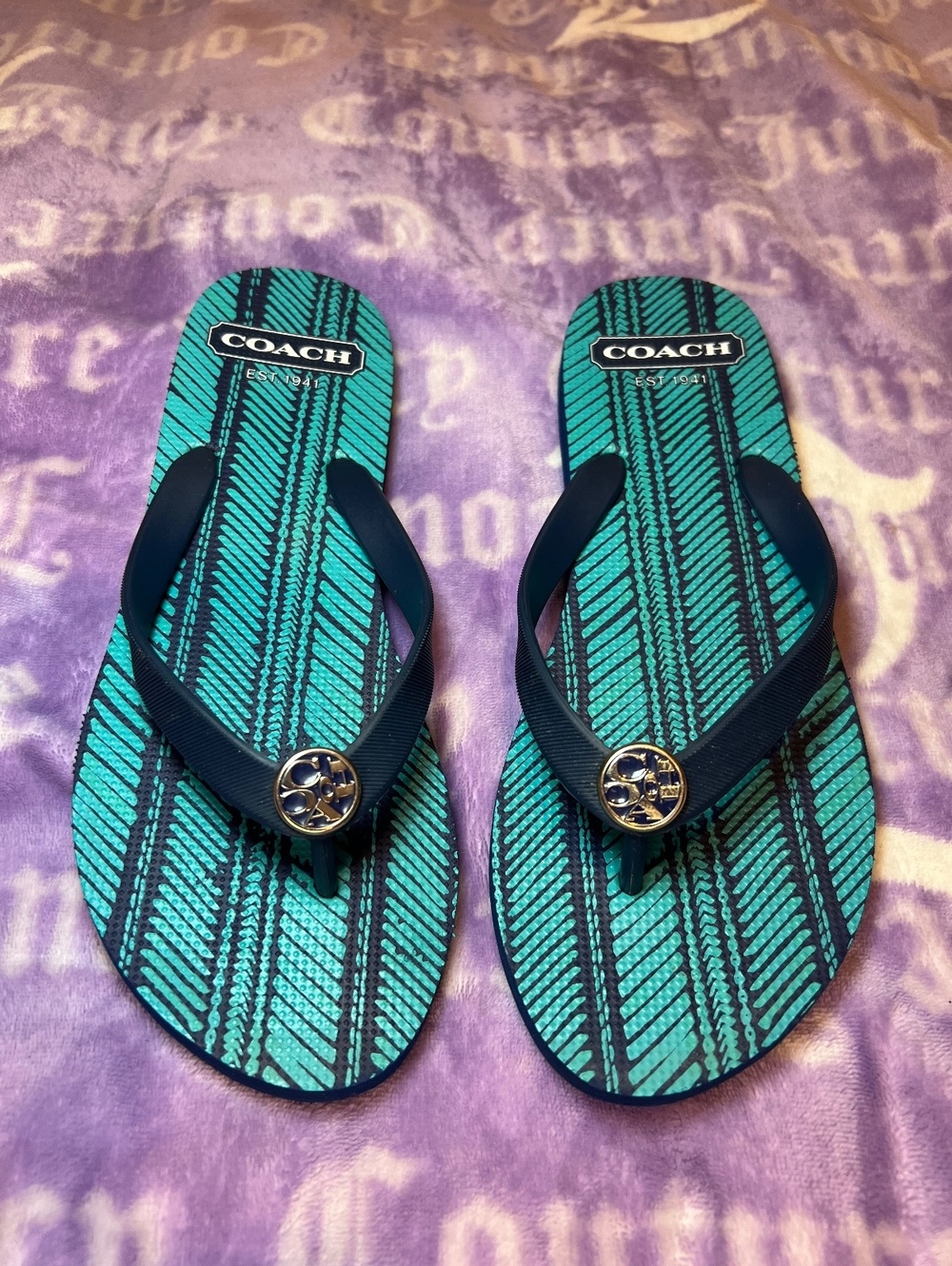 Coach Teal Navy Logo Flip Flops Size 7-8